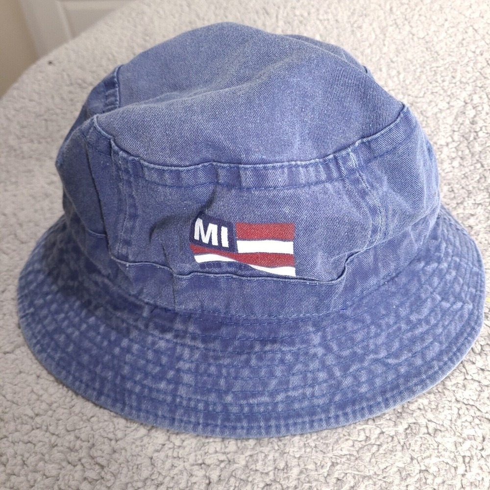 Michigan USA Flag Bucket Sun Hat Cap Blue L/XL Chambray Denim‎ Faded Patriotic